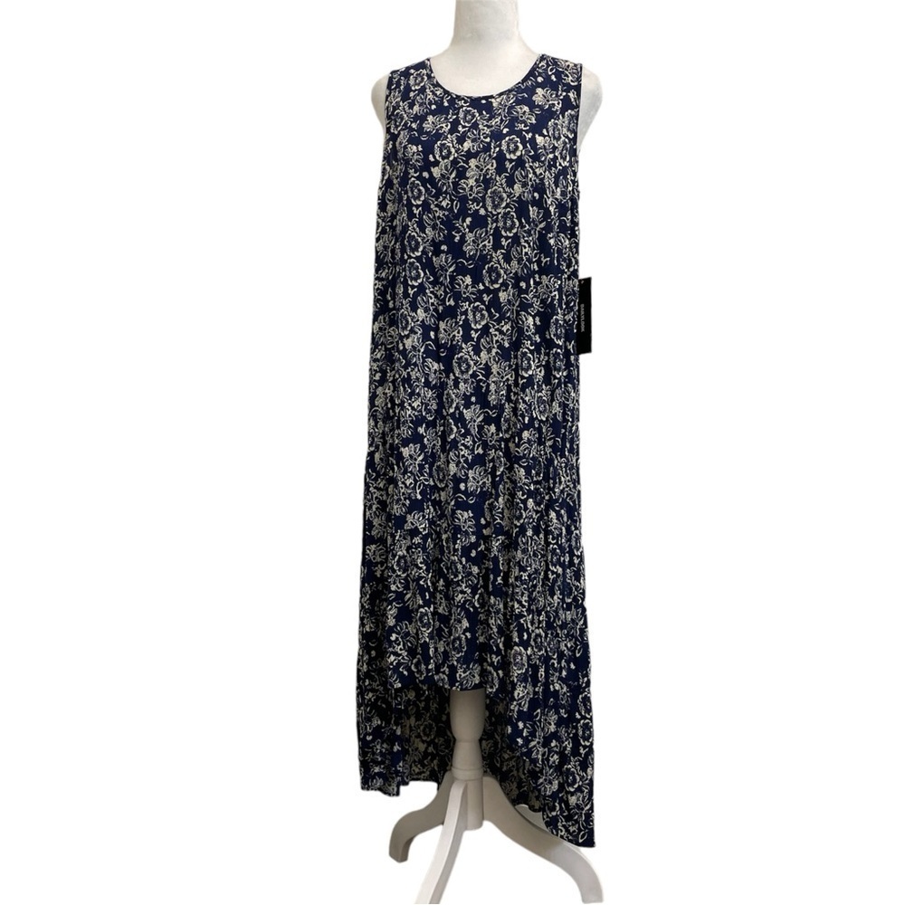 Bila Blue Floral Print Crepe Asymmetrical Hem Sleeveless Maxi Dress